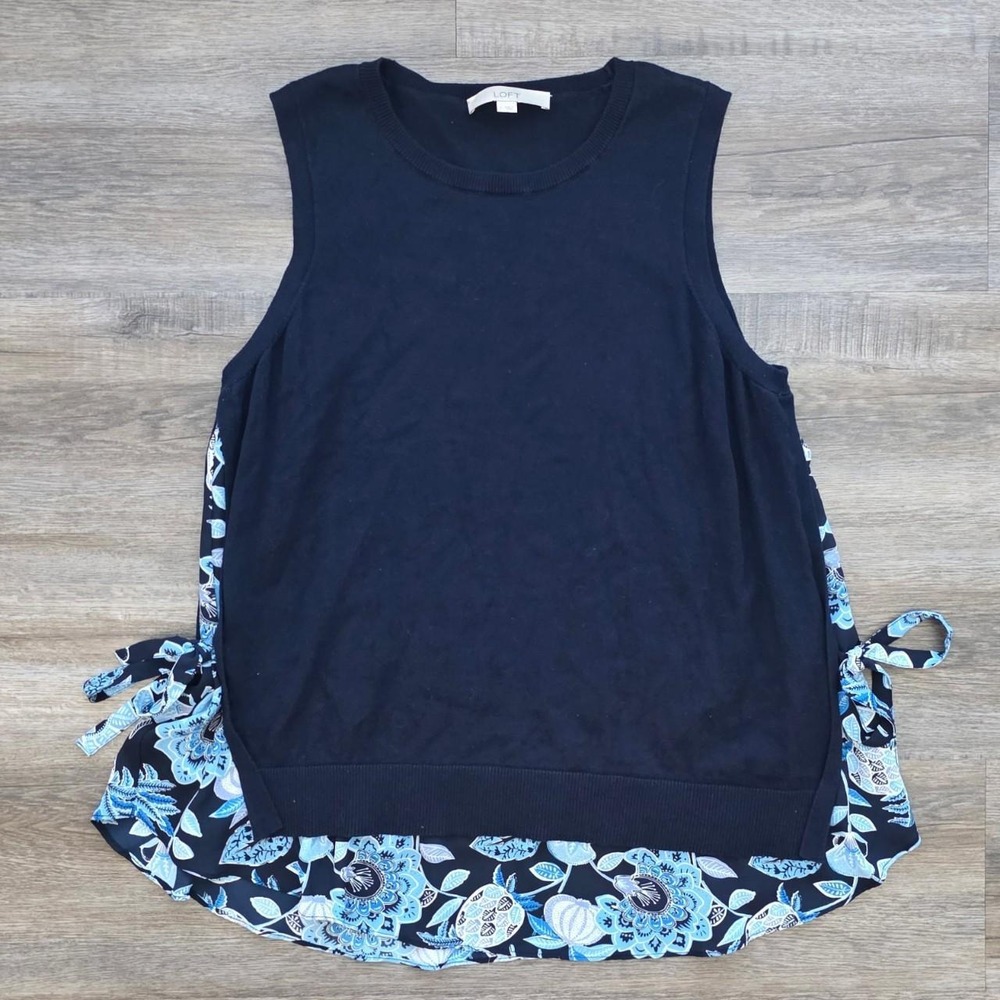LOFT Navy Floral Side-Tie Mixed Media Tank Top Blue Paisley Chiffon Large
